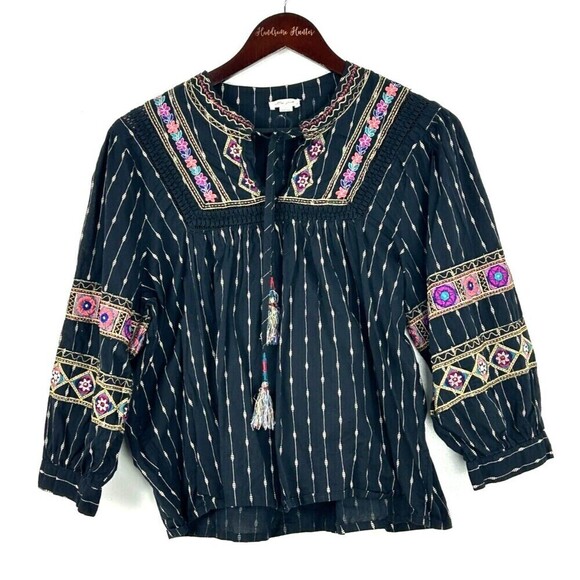 Ultra Pink Women L Top Black Gold Embroider Puff Sleeve Tassel Boho Festival N1 - Picture 2 of 12